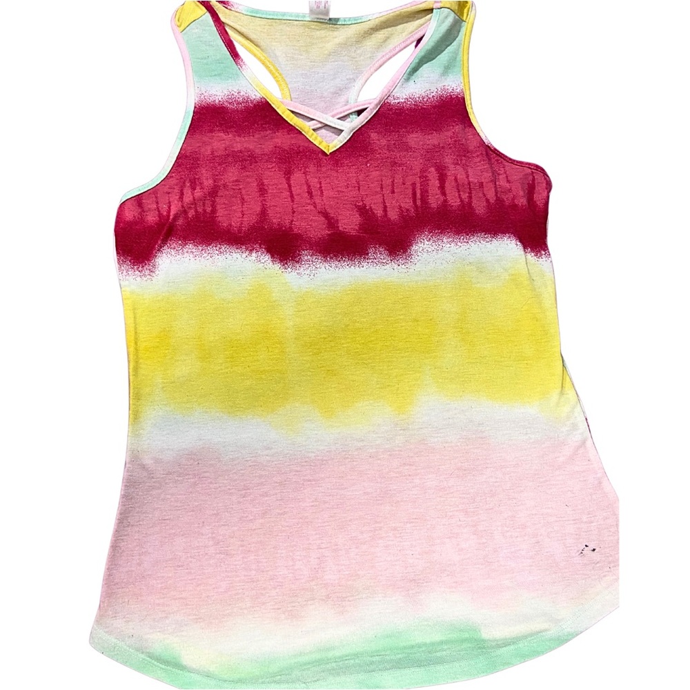 Handmade Tie Dye V Neck Racer Back Activewear Tank Top Red Yellow Green JRs SZ L